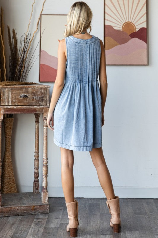 V Neck Sleeveless Light Wash Denim Short Dress