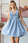 V Neck Sleeveless Light Wash Denim Short Dress