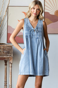 V Neck Sleeveless Light Wash Denim Short Dress