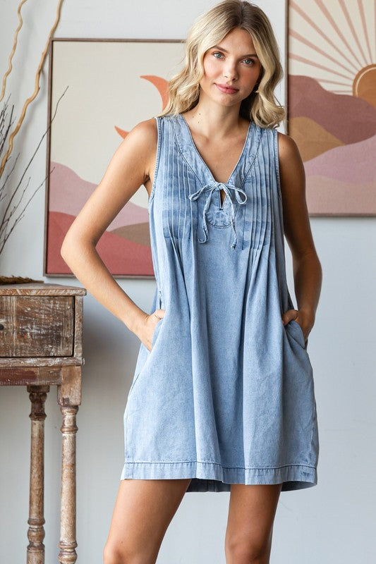 V Neck Sleeveless Light Wash Denim Short Dress