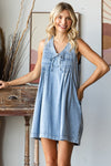 V Neck Sleeveless Light Wash Denim Short Dress