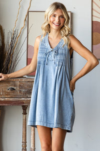 V Neck Sleeveless Light Wash Denim Short Dress