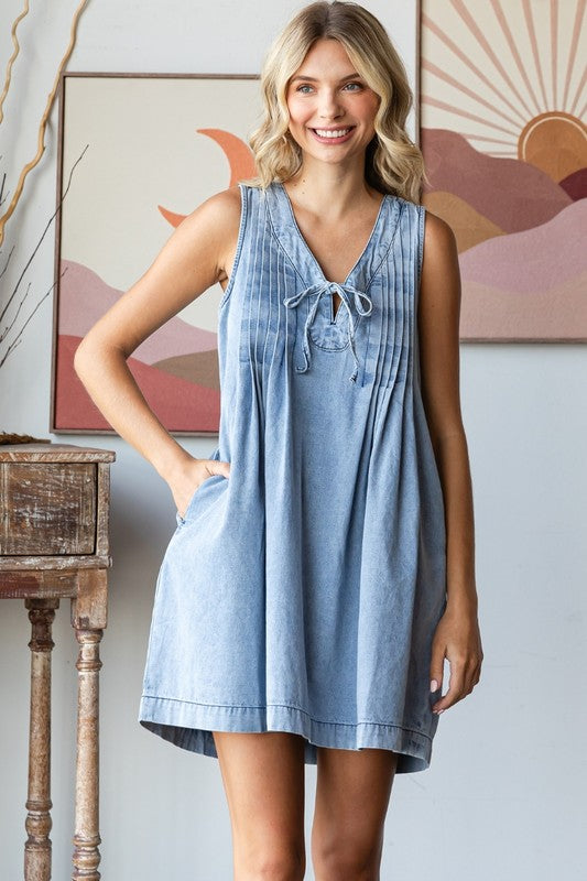 V Neck Sleeveless Light Wash Denim Short Dress