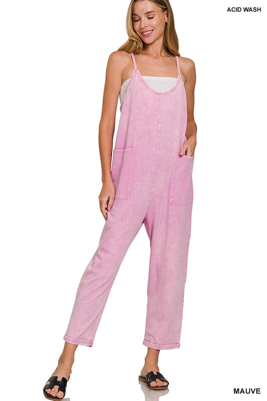 Acid Wash Jumpsuit W/ Pockets - Mauve