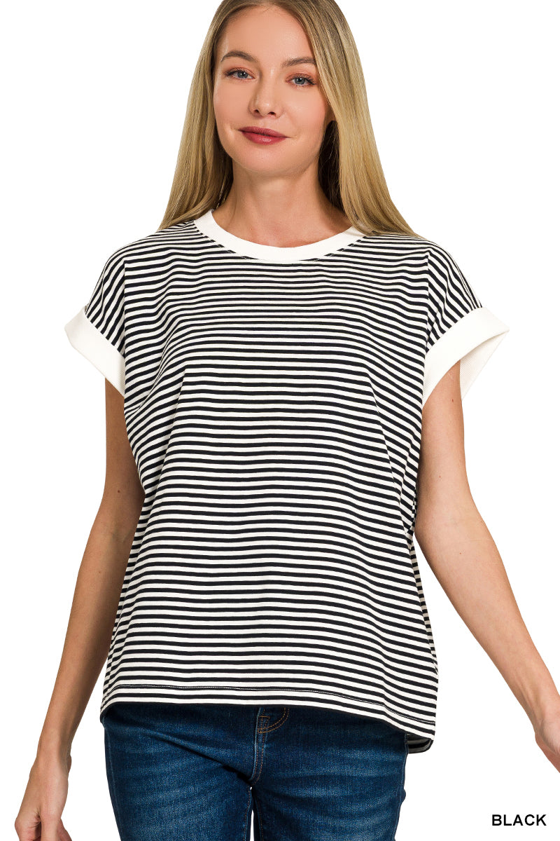 Rolled Sleeve Striped Top - Black