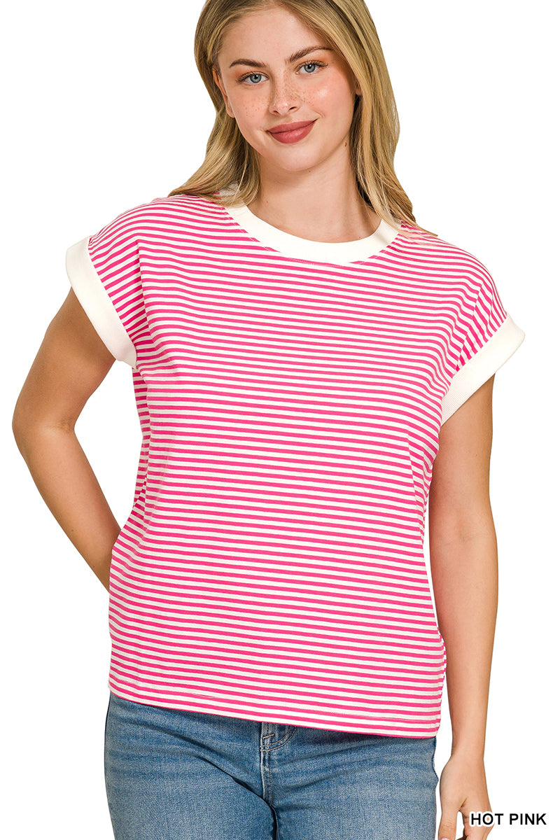 Rolled Sleeve Striped Tee - Pink
