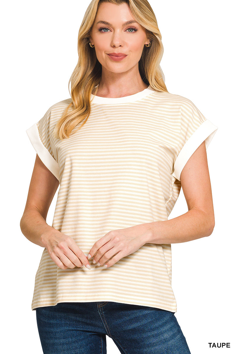 Rolled Sleeve Striped Top - Taupe