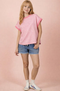 Checkered Knit Short Sleeve Top - Pink/Oatmeal