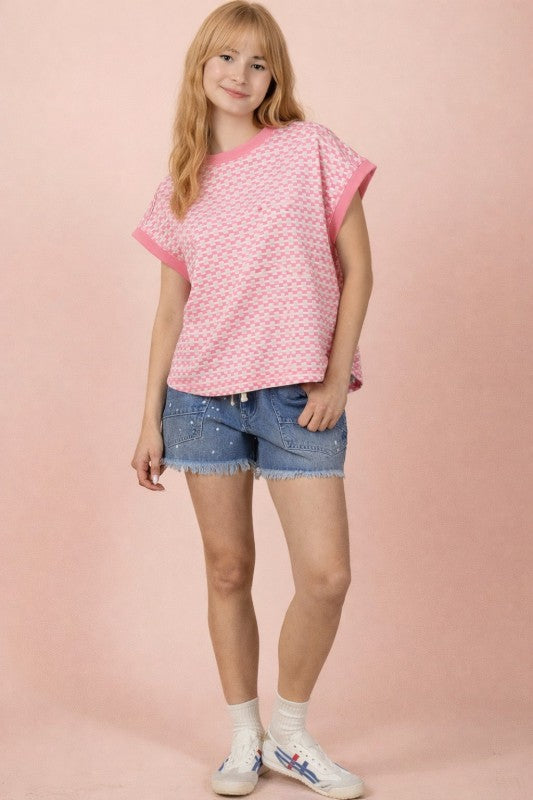 Checkered Knit Short Sleeve Top - Pink/Oatmeal