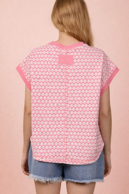 Checkered Knit Short Sleeve Top - Pink/Oatmeal