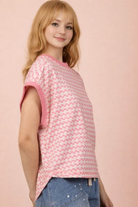 Checkered Knit Short Sleeve Top - Pink/Oatmeal