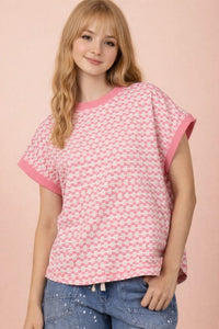 Checkered Knit Short Sleeve Top - Pink/Oatmeal