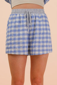 Gingham Button-Up Shirt & Drawstring Short Set -Blue