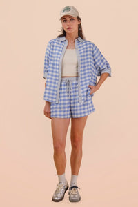 Gingham Button-Up Shirt & Drawstring Short Set -Blue