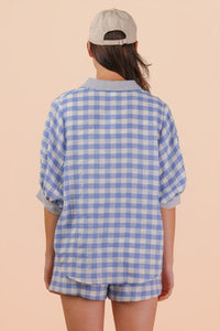 Gingham Button-Up Shirt & Drawstring Short Set -Blue