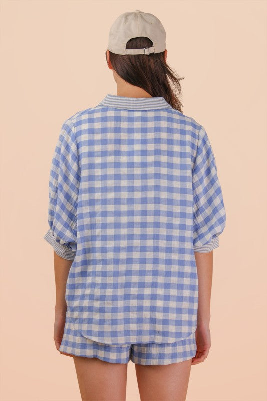 Gingham Button-Up Shirt & Drawstring Short Set -Blue