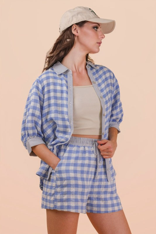Gingham Button-Up Shirt & Drawstring Short Set -Blue