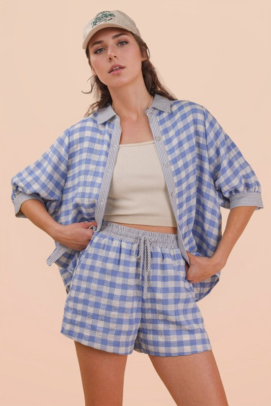 Gingham Button-Up Shirt & Drawstring Short Set -Blue