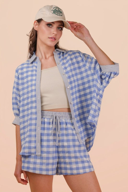 Gingham Button-Up Shirt & Drawstring Short Set -Blue