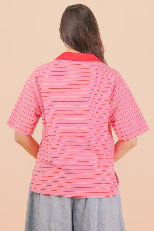 Striped Collared Polo Top - Pink Mix