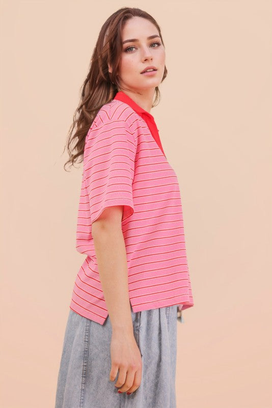 Striped Collared Polo Top - Pink Mix