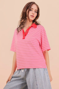 Striped Collared Polo Top - Pink Mix