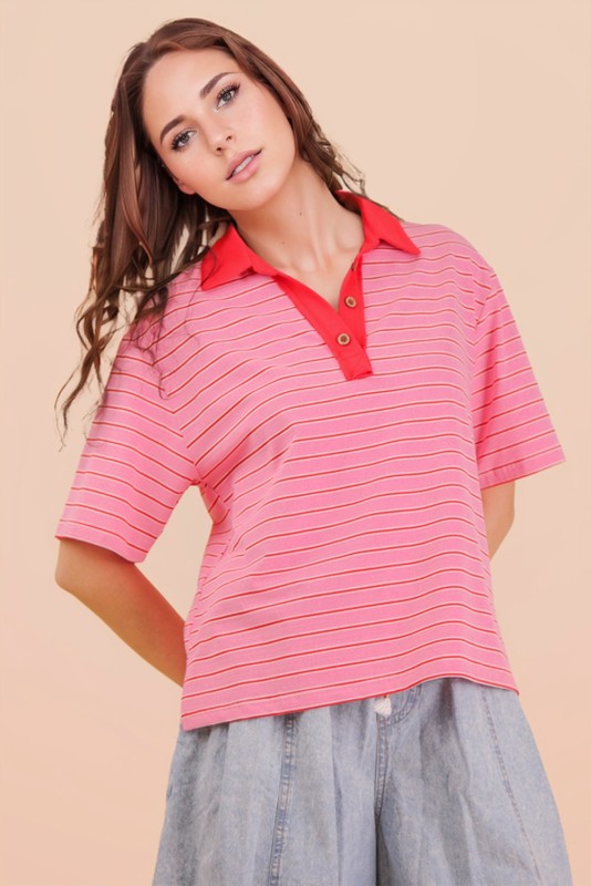 Striped Collared Polo Top - Pink Mix
