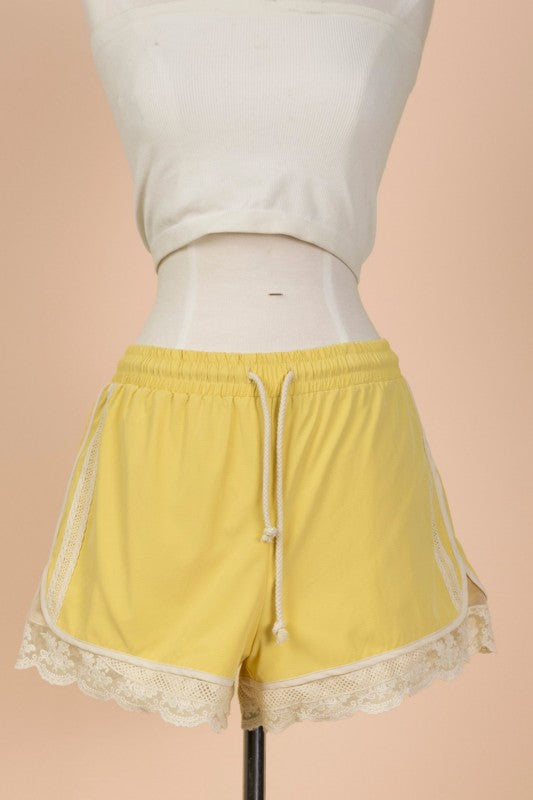 Lace Trimmed a drawstring Lounge Shorts - Yellow