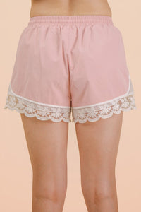 Lace Trimmed Drawstring Lounge Shorts - Pink