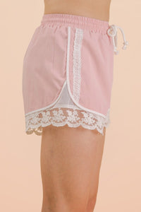 Lace Trimmed Drawstring Lounge Shorts - Pink