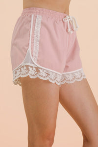 Lace Trimmed Drawstring Lounge Shorts - Pink