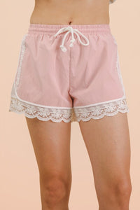 Lace Trimmed Drawstring Lounge Shorts - Pink