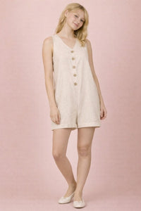 Linen Button-Front Sleeveless Romper - Oatmeal