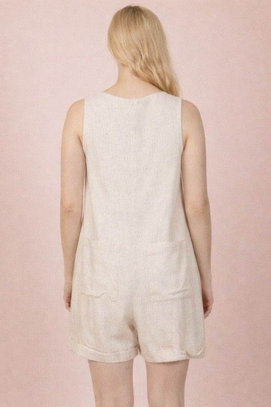 Linen Button-Front Sleeveless Romper - Oatmeal