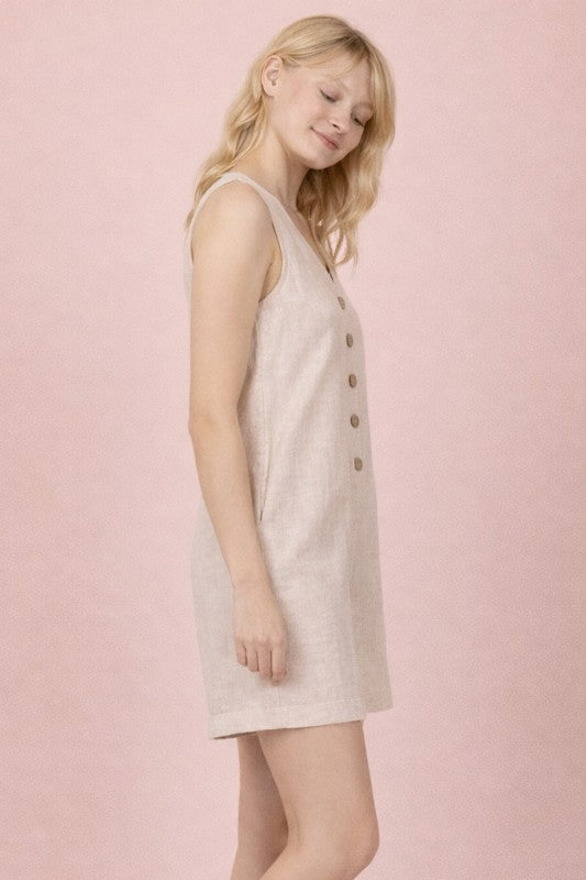 Linen Button-Front Sleeveless Romper - Oatmeal
