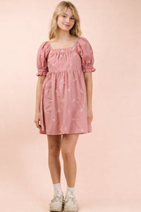 Embroidered Bow Puff Sleeve Babydoll Dress - Blush