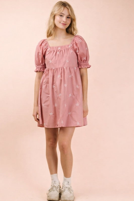 Embroidered Bow Puff Sleeve Babydoll Dress - Blush