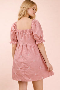 Embroidered Bow Puff Sleeve Babydoll Dress - Blush
