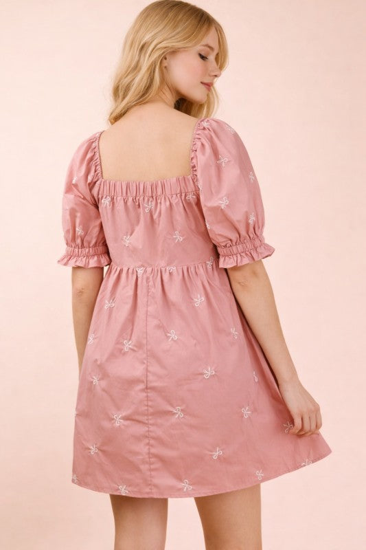 Embroidered Bow Puff Sleeve Babydoll Dress - Blush