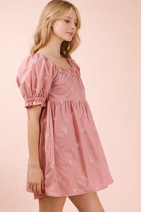 Embroidered Bow Puff Sleeve Babydoll Dress - Blush