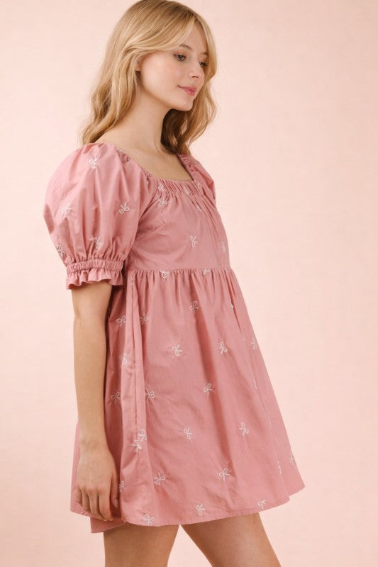 Embroidered Bow Puff Sleeve Babydoll Dress - Blush
