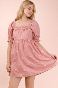 Embroidered Bow Puff Sleeve Babydoll Dress - Blush