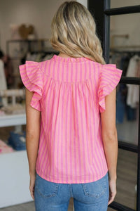 Pink Bold Striped Ruffle Sleeve Blouse