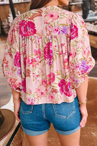 Pink Floral Print Tie Front Blouse