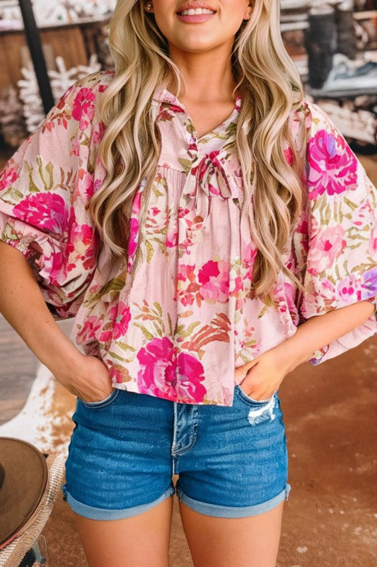 Pink Floral Print Tie Front Blouse