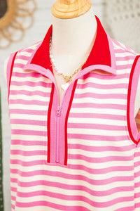 Pink Stripe Quarter-Zip Sleeveless Top