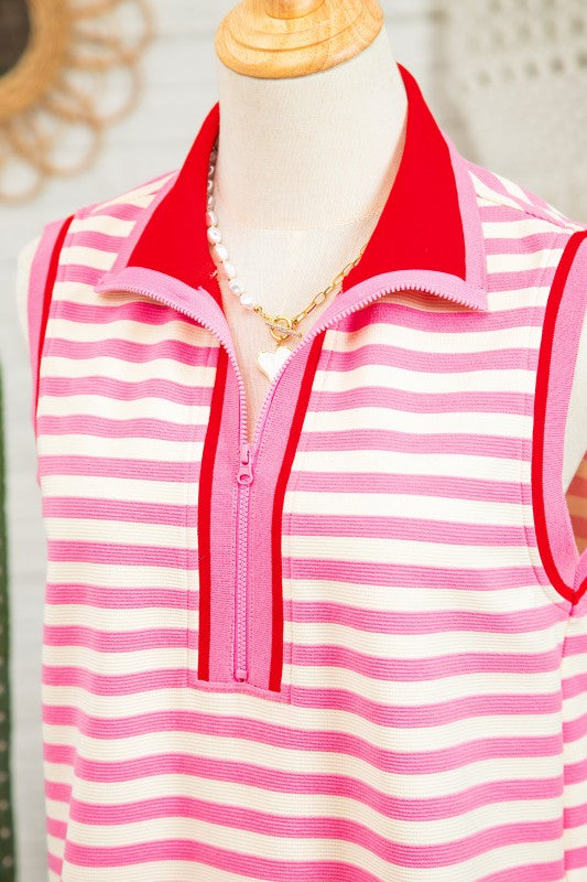 Pink Stripe Quarter-Zip Sleeveless Top