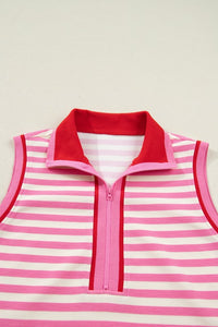Pink Stripe Quarter-Zip Sleeveless Top