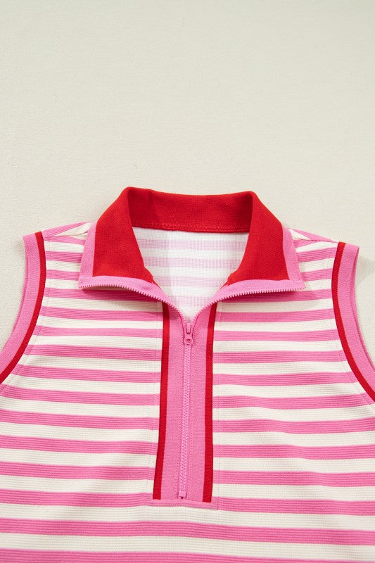 Pink Stripe Quarter-Zip Sleeveless Top