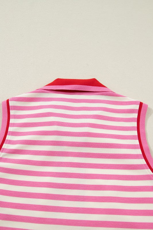 Pink Stripe Quarter-Zip Sleeveless Top